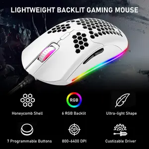 ZIYOU LANG Wired Lightweight Gaming Mouse, 6 RGB backlit, 7 - button programmable, 6400DPI, ultralight honeycomb shell, ultraweave cable