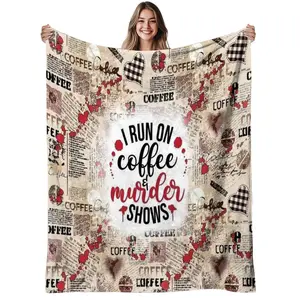 1Pc Coffee & Murder Shows TV Show Inspired Flannel Blanket - Soft Warm 280Gsm Heavyweight All-Season Cozy Throw With Crime Novelty Design, Vintage Newspaper Print & Coffee Cup Patterns For Bed, Sofa, Office - Perfect For True Crime Fans, Halloween & Chris
