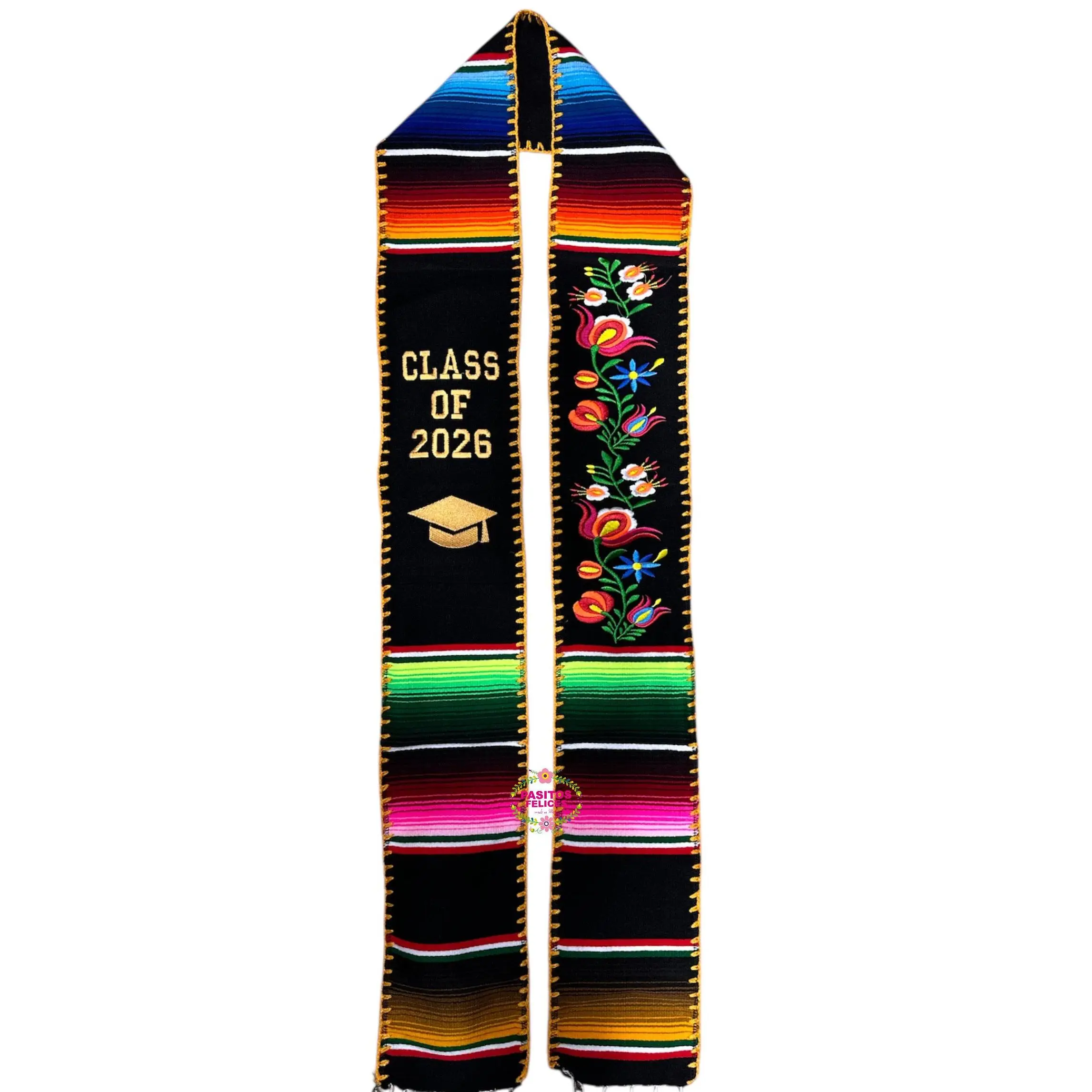 *2026* Black Floral Tulipán w Gold - Graduation Stole Sarape Sash IN STOCK