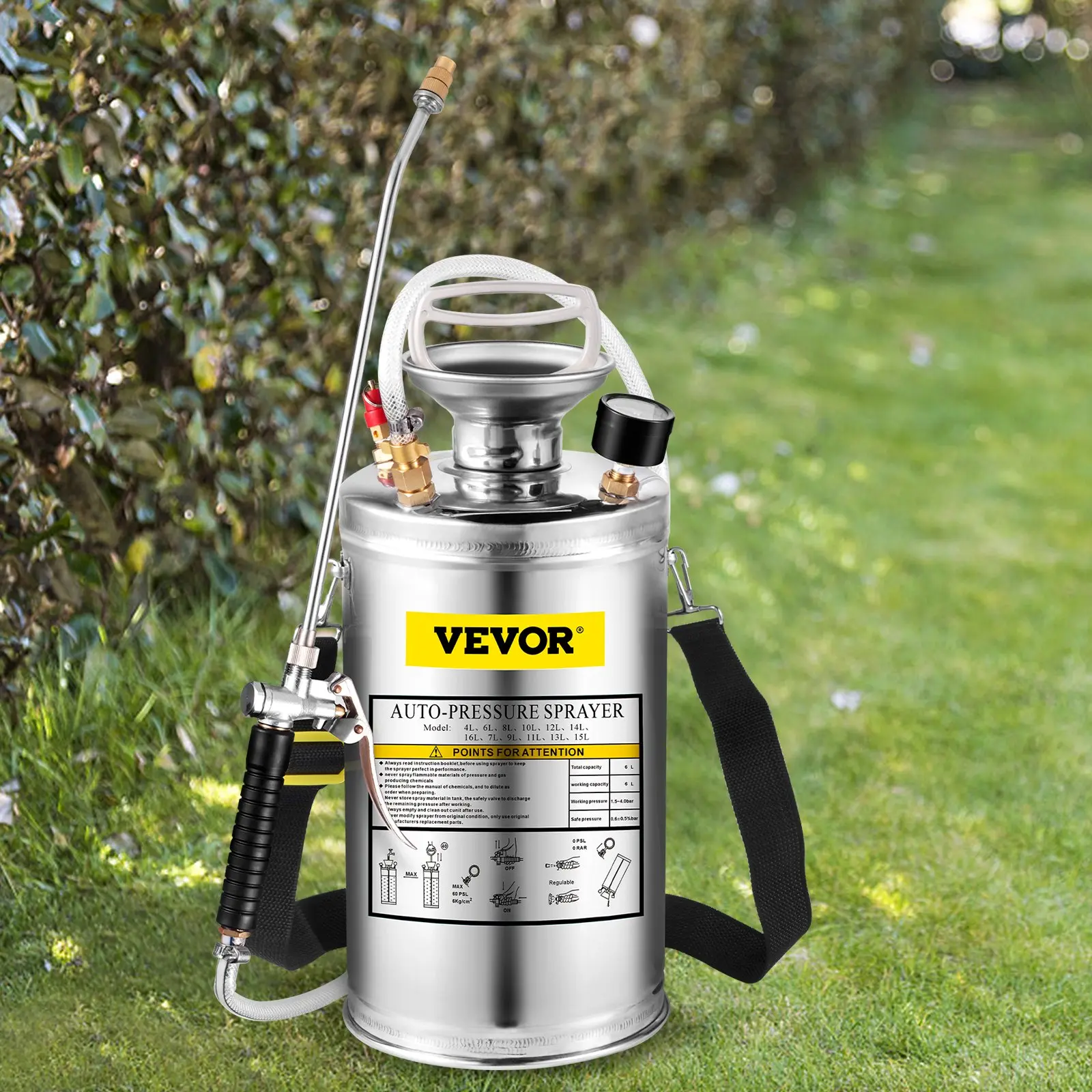 【summerfinds】VEVOR Stainless Steel Hand Pump Sprayer with Pressure Gauge, Safety Valve, Adjustable Nozzle, Wand, Handle, Reinforced Hose, Mist-Generating Nozzles & Spray Guns, Durable Garden Hose for Gardening, Sanitizing (Father's Day Gift)