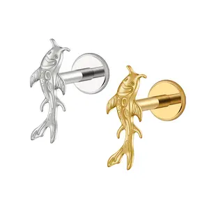 16G Koi Fish Flat Back Labret • Cartilage Earring • Flat Back Stud • Small Tragus Stud • Flat Back Upper Ear Stud • Helix Stud • Conch Stud • Internally Threaded Earring • Implant Grade Titanium • Silver • Gold