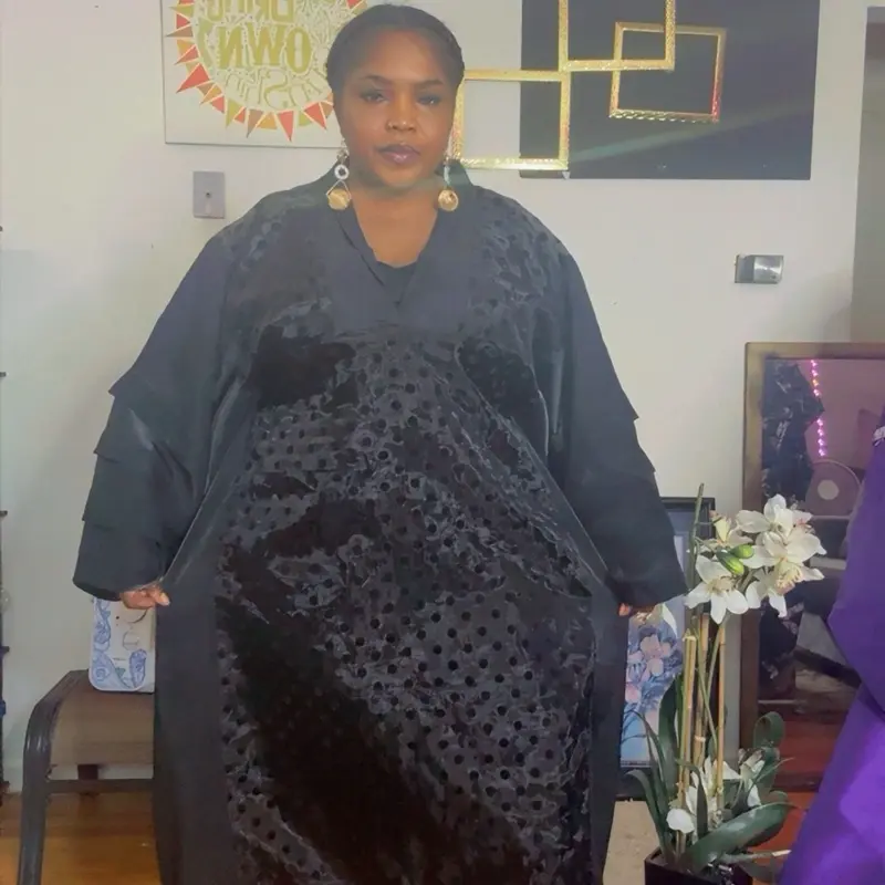 Long  black organdy dress with plain organdy