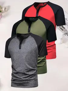3-pack summer men’s lightweight short-sleeve T-shirts with shoulder and sleeve cuff design; solid-color Henley shirts suitable for travel and vacations; comfortable and versatile casual outdoor sports base layer tops—an ideal gift for a boyfriend or husba