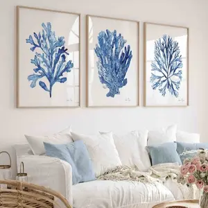 Nautical Wall Decor Coastal Wall Art Set of 3 Prints Navy Blue Coral Seaweed Minimalist Watercolor Painting Beach House Spring Summer Art Poster (PRODUCT DOES NOT INCLUDE FRAME)