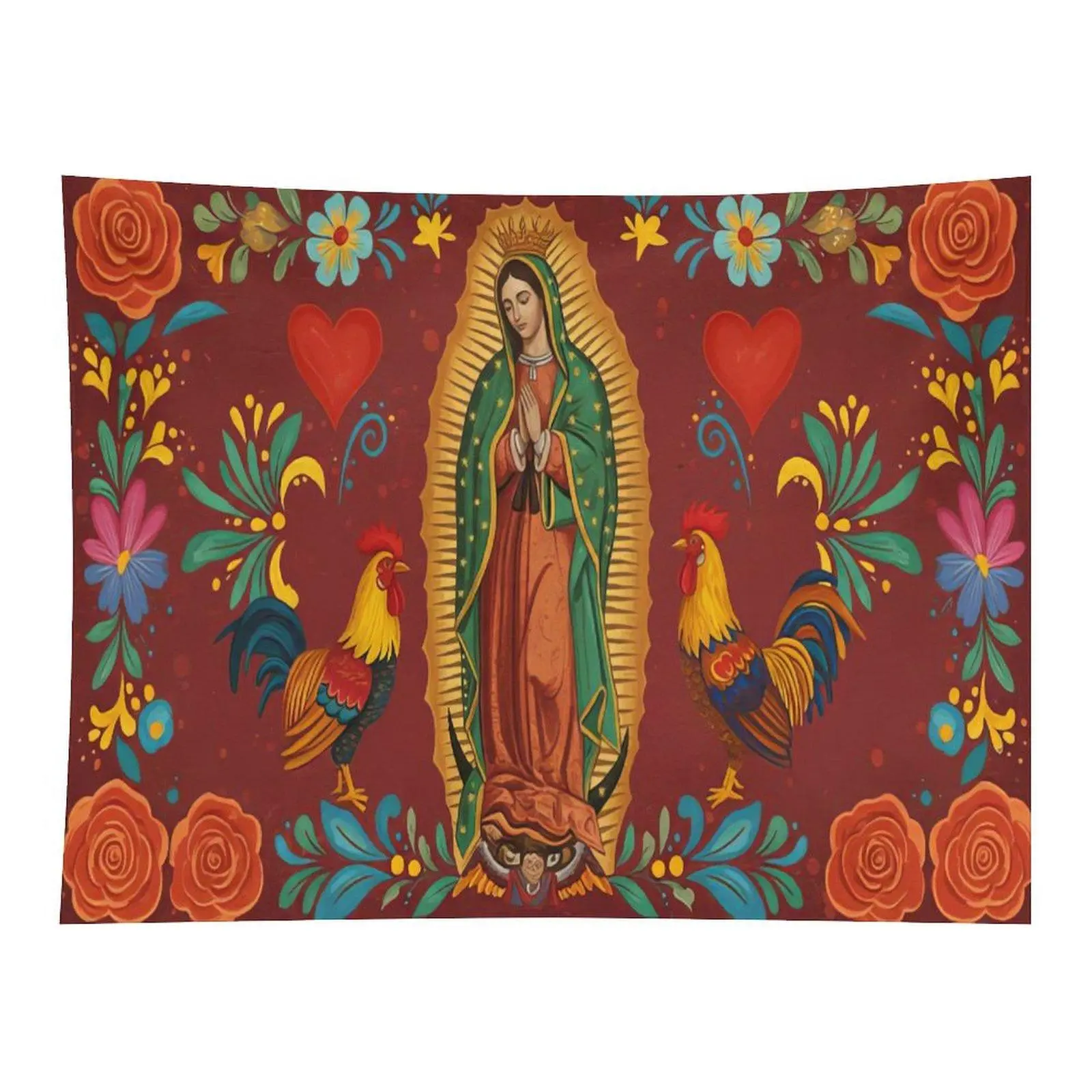 Our Lady of Guadalupe Mexican Folk Art Tapestry - Virgin Mary, Floral, Rooster Pattern Religious Wall Decor Cloth for Room