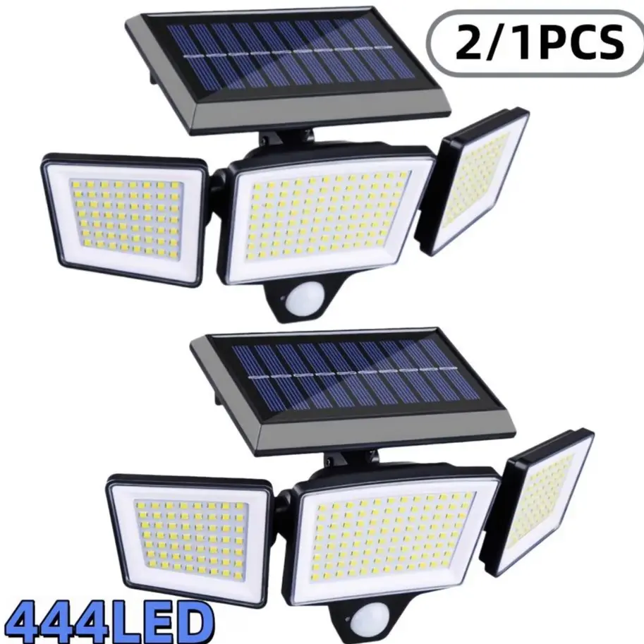 Solar Outdoor LED Lights, 1/2-Pack 3-Head 270° Wide-Angle IP65 Waterproof Security Floodlights with 444/222 LEDs, Motion Sensor, 3 Adjustable Modes for Courtyards, Garages