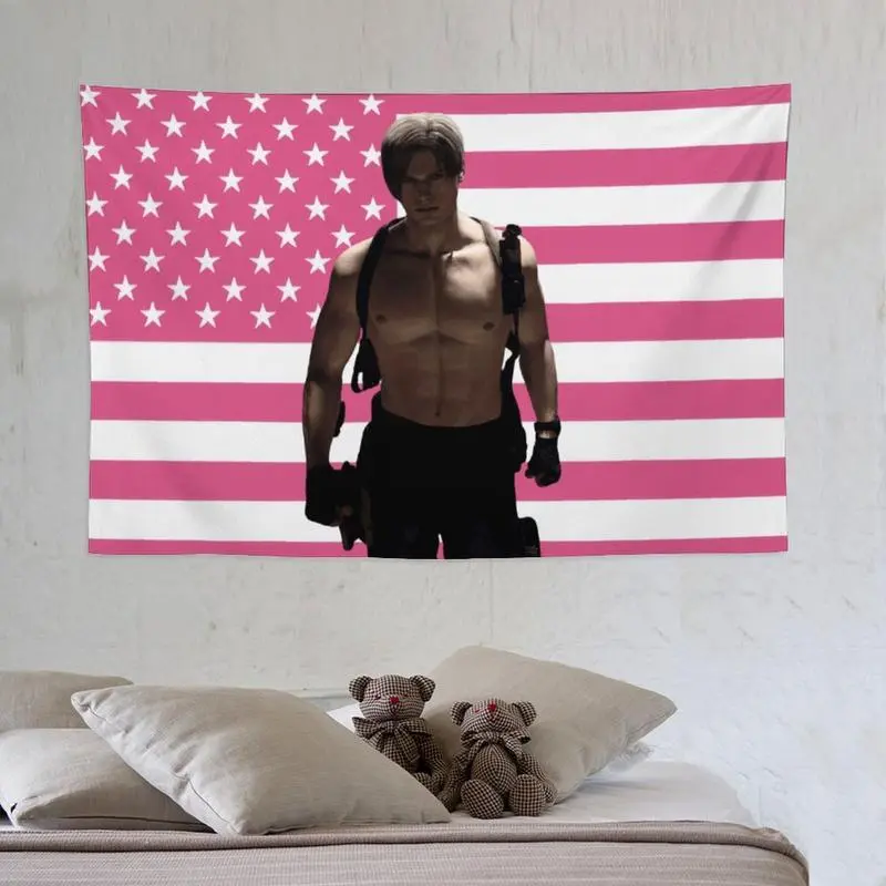 Leon Kennedy American Flag Linen-Cotton Light Tapestry, Home Decoration Wall Hanging, Hippie Aesthetic Bedroom Dorm Background Cloth, Birthday Gift