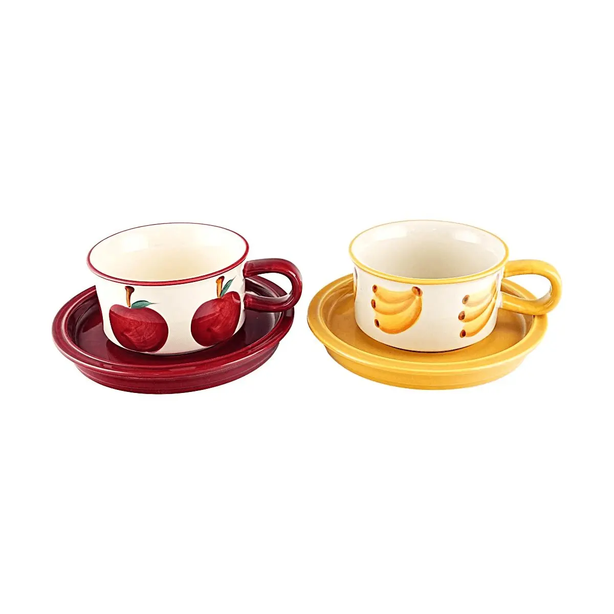 GLAZE STORY Apple Banana Couple Mugs Set with Saucers - Ceramic Coffee Cups for Couples, Unique Gift for Anniversary, Valentine's Day