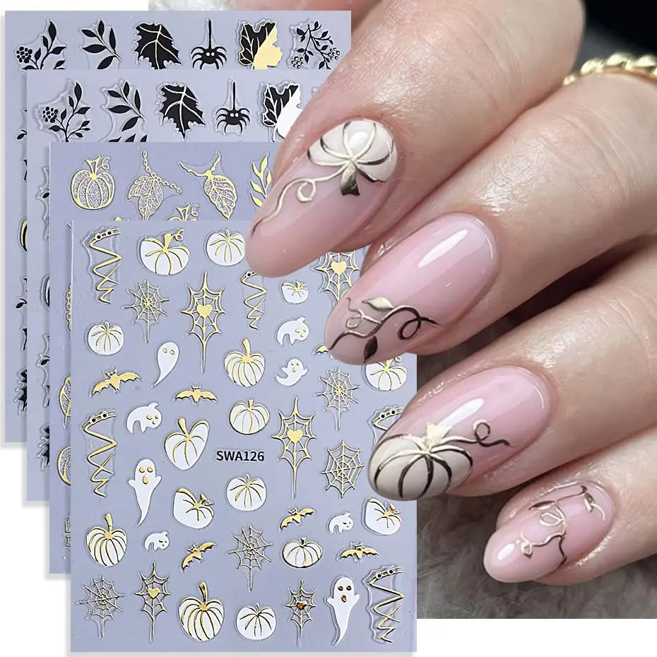 4pcs Halloween Nail Stickers 3D Metal Love Spider Web Ghost Pumpkin Maple Leaf Self-Adhesive Nail Decals DIY Manicure Decoration