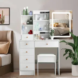 Makeup Vanity Desk with Sliding Mirror and Lights, Dressing Table with 3 Lighting Modes Adjustable Brightness, 6 Drawers and 3 Open Shelves, Stool,for Bedroom, White