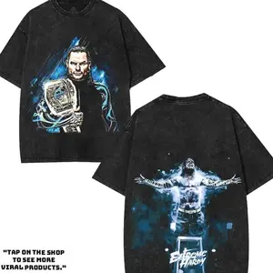 Jeff Blue Neon - WWE4U Edition Double Printed Oversize Lightweight Acid Washed Tee Vintage WWE Fans TV Series Graphic Design Top Cotton Wrestling Streetwear T-Shirt Clothes Menswear Womenswear. RNR