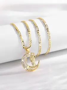 Fashion Moon Virgin Mary Necklace, Saint Jude Charm Copper Plated 14k Gold Jesus Pendant, Religious Jewelry Gift for Women