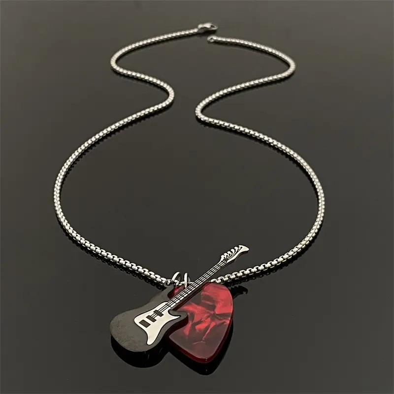 Guitar Pick Pendant Necklace in Titanium Steel, Edgy Rock-Inspired Couple's Jewelry for Music Festivals, 70cm Hip-Hop Chain in Red/Black, Unisex, Casual Wear, Hypoallergenic, Rock Instrument