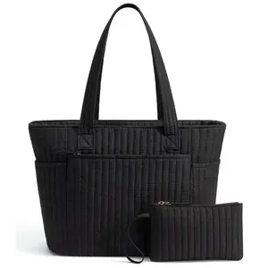 (LIVE ONLY)Bagstellar Cotton Tote Bag for Women, Work Tote Bag with Full-closure Zipper ,18L capacity Daily Tote for 14" Laptop,Lightweight Quilted Shoulder Bag Matching cosmetic pouch for Teacher,Nurse,College,Gym,Travel