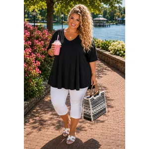 36 SSS {Dark Of Night} Black V-Neck Rounded Hem Top EXTENDED PLUS SIZE 3X 4X 5X