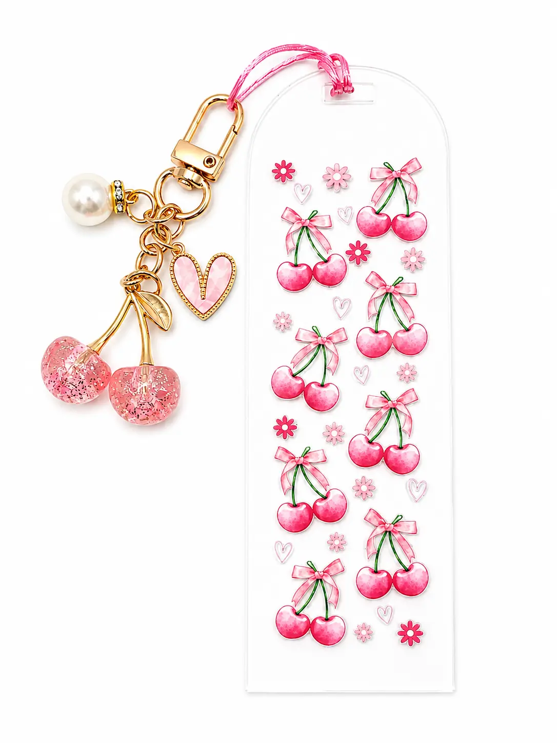 Pink Cherry Coquette Acrylic Bookmark - Handmade Girly Bookmark with Glitter Cherry Charm