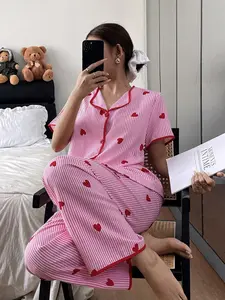 Women's Heart Stripe Printed Bubble Pleated Short Sleeve Long Pants Silk Sleepwear Set, All Seasons Casual Fitted Style Pajama Set Pyjamas, Loungewear