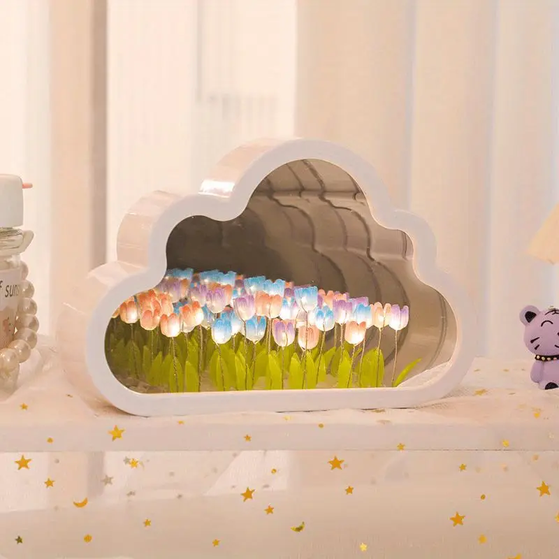 Creative Tulip Design Flower Night Light for Summer Gift, Multipurpose Battery Required Mirror Night Light, Decorative Table Lamp For Bedroom, Home, R