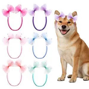 4Pcs Colourful Dog Hair Bow Headband for Medium Dogs, Adjustable Lace Pet Dog Hair Bow Headband for Pets Puppy Cats Grooming Accessories