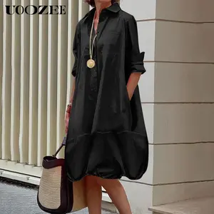 UOOZEE Women's Basic Casual Collared Black Long-Sleeve Loose Solid Midi Dress - Lightweight Cotton Fabric, Comfortable with Pockets, Simple Elegant Style, 2-3 Season Essential (Camisole Accessory for 2-Piece Option)