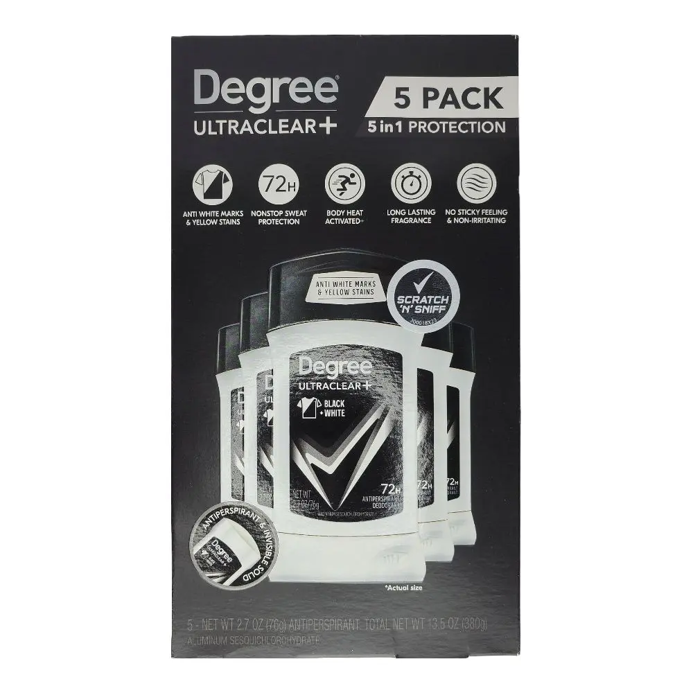 Degree Men UltraClear Black+White Antiperspirant Stick, 72-Hour Sweat Protection, Anti-White Marks & Yellow Stains, 2.7 oz (5-Pack), High Performance Deodorant, 72Hr Odor Protection Deodorants