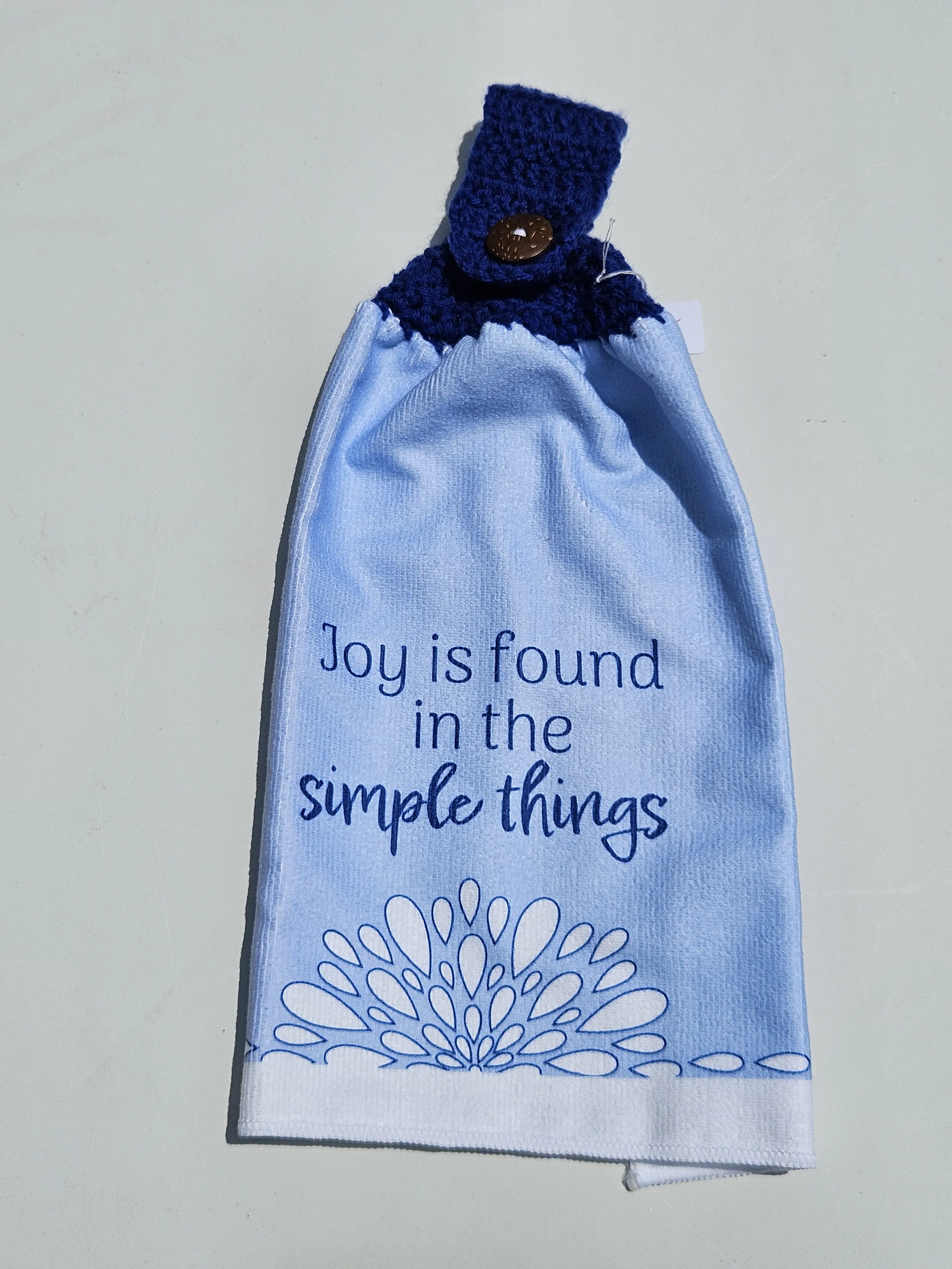 Crochet Top Kitchen Towel | Hanging Hand Towel with Coconut Button | Handmade Kitchen Décor | Joy is Found in the Simple Things