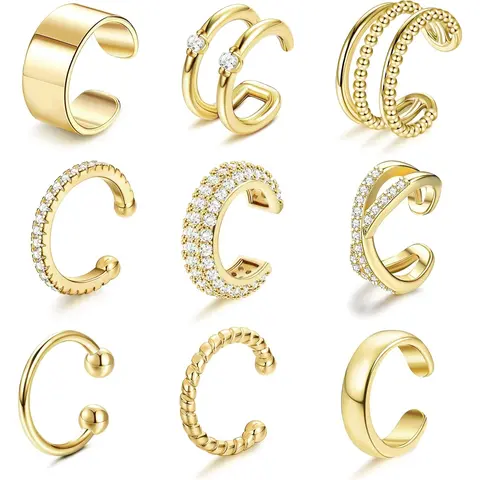 FIBO STEEL 9 Pcs Ear Clips Earrings Set for Women Men 14K Golden Plated Trendy Lightweight Non Pierced Cartilage Ear Cuff Jewelry Adjustable & Hypoallergenic