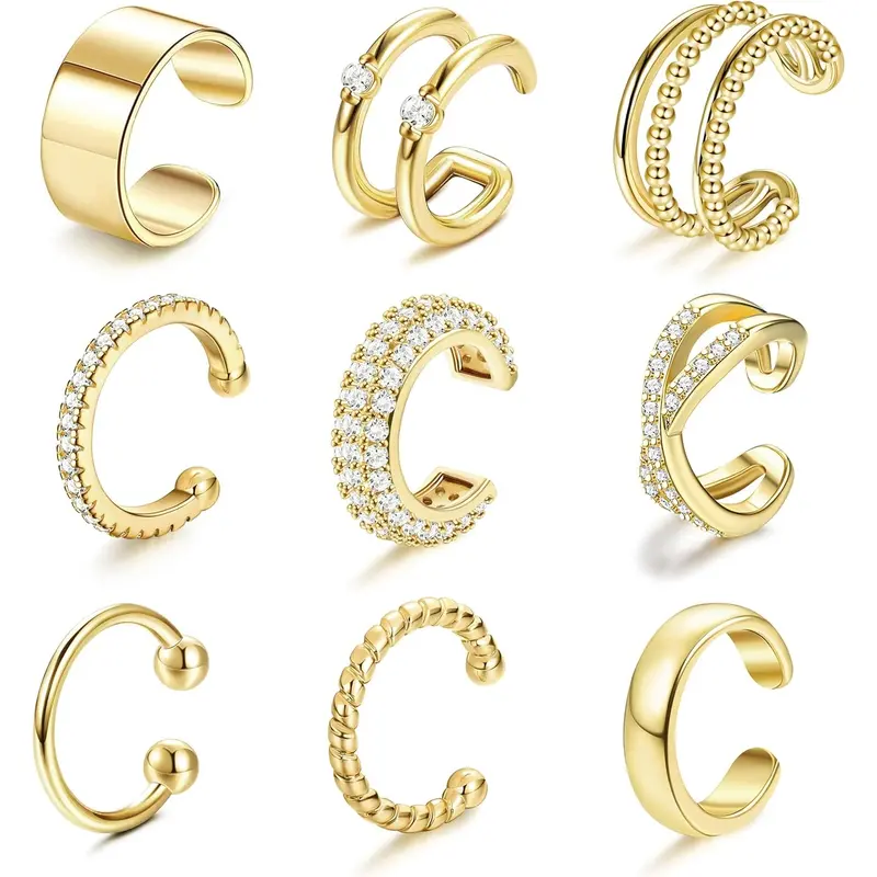 FIBO STEEL 9 Pcs Ear Clips Earrings Set for Women Men 14K Golden Plated Trendy Lightweight Non Pierced Cartilage Ear Cuff Jewelry Adjustable & Hypoallergenic