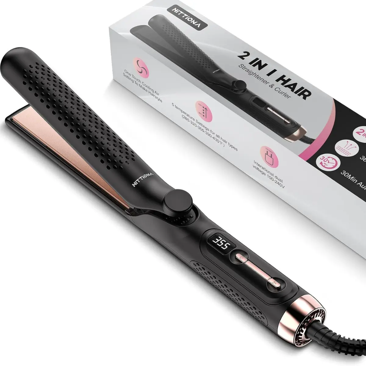 HITTIONA 2 in 1 Hair Straightener and Curler, Anti-Frizz 360° Airflow Styler with 5 Temp Settings, 1.25" Extra Long Plates & Cool Air Lock-In, Lcd Display