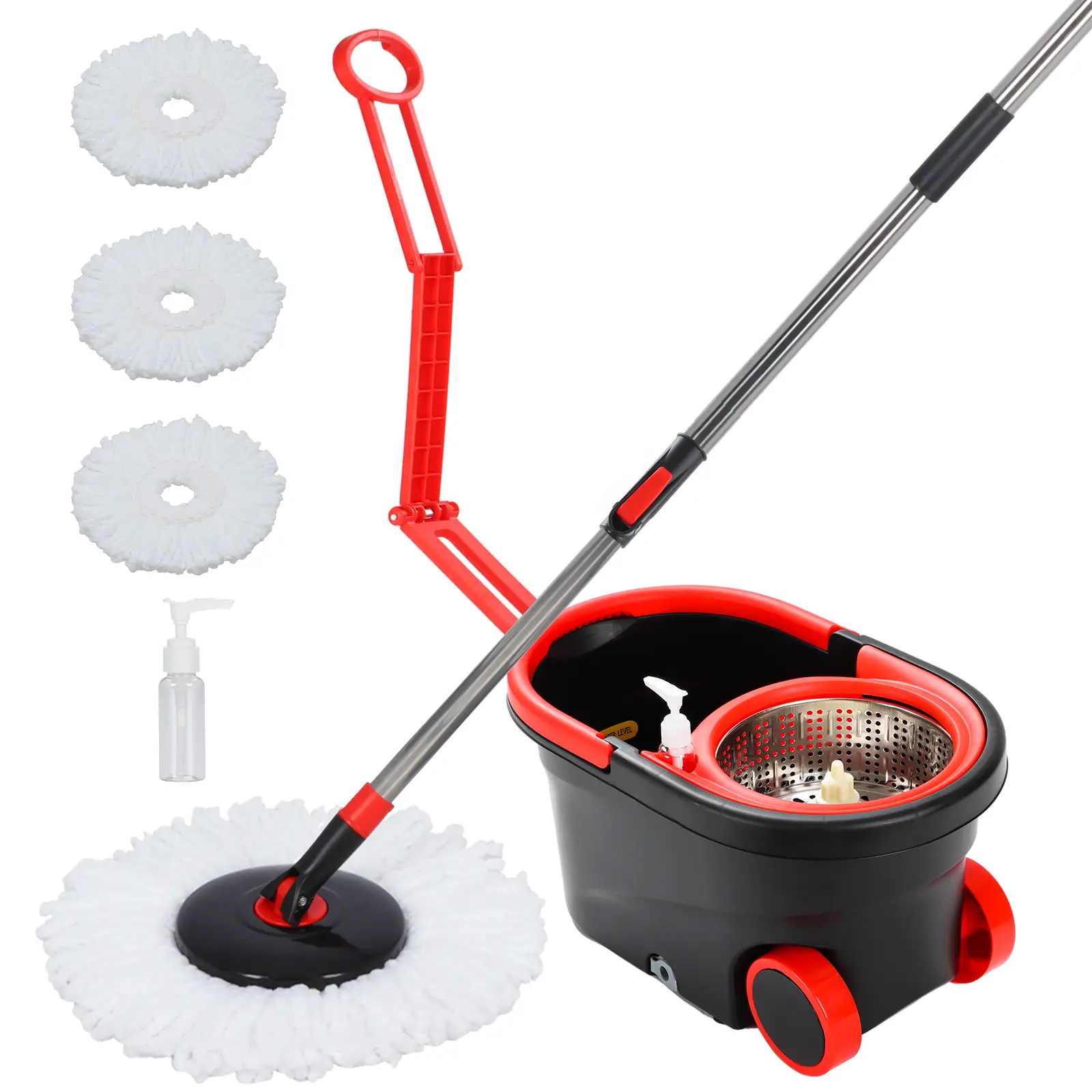 Spin Mop and Bucket with Wringer Set on Wheels, 360° Spinning Mop Bucket System with 3 Microfiber Mop Replacement Heads and 61" Stainless Steel Adjust