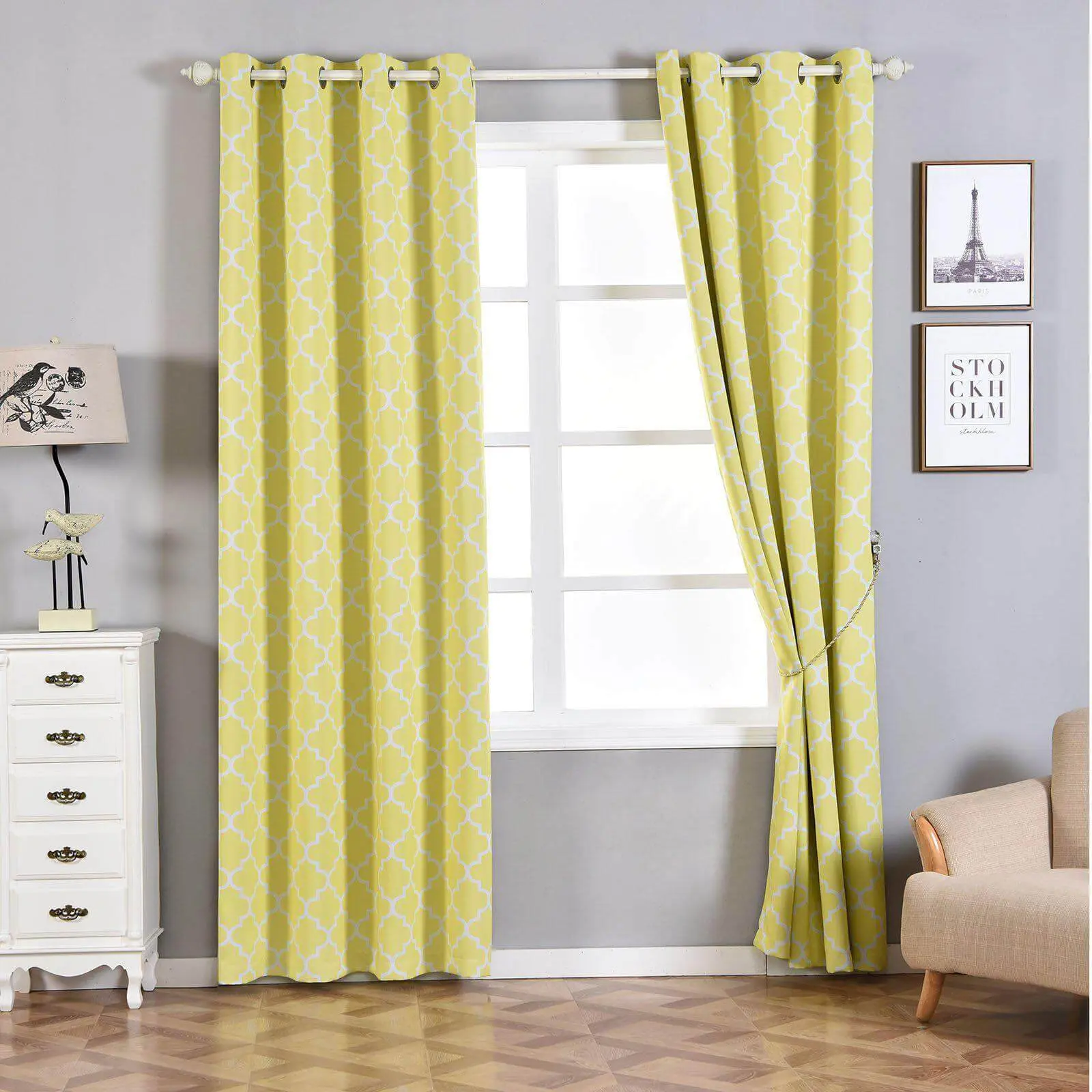 2 Pack White Yellow Lattice Grommet Blackout Curtain Panels - Room Darkening, Insulated Trellis Privacy Grommets Curtains (52"x96"), Clearance Sale, Bedroom Use, Blackout Bedroom Curtains