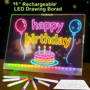 16” Rechargeable LED Drawing Board with 13 Light Modes, Light-Up Acrylic Message Board & DIY Night Light, Includes 8 Line Art Sheets, Stand & Hanging Chain, Neon Dry Erase Board for Kids, Dorm, Office & Store Display