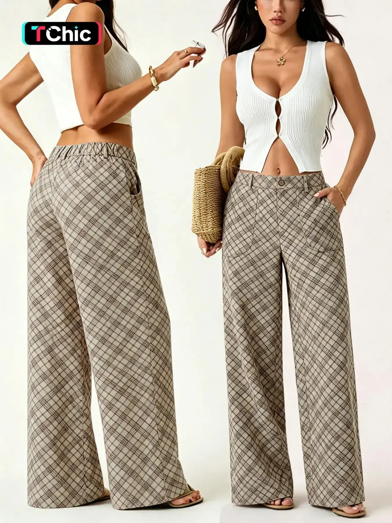 Women's Plaid/pure Color-Waisted Wide-Leg Loose Pants, Four-Season Long Pants, Stylish and Comfortable, Casual, Fit, Perfect Daily Wear