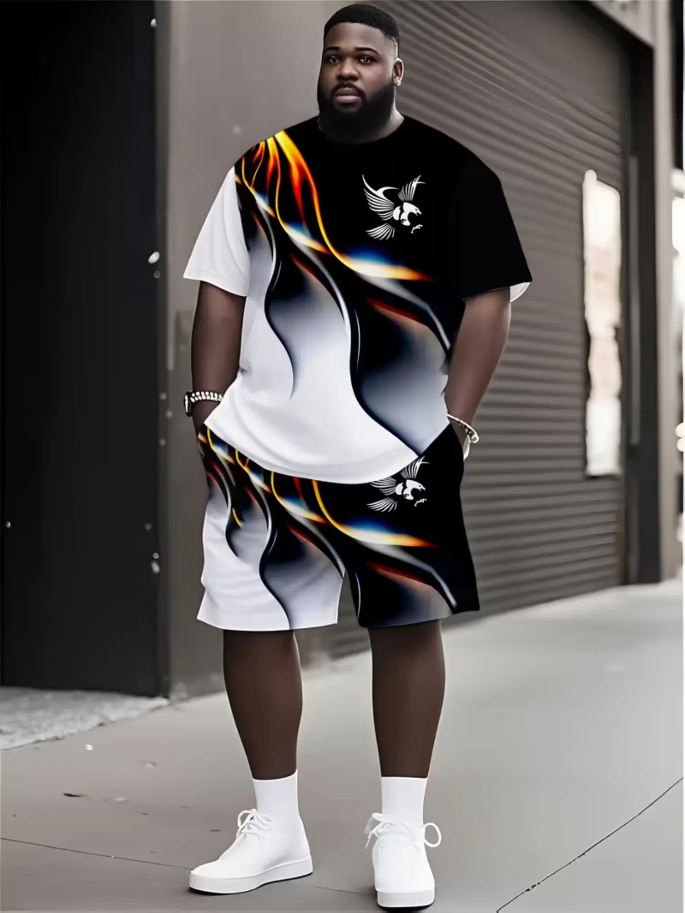 Men's Fashion Gradient 3D Print Eagle Logo Sport Round Neck Short Sleeve T-Shirt & Shorts Set, Polyester, Loose Fit
