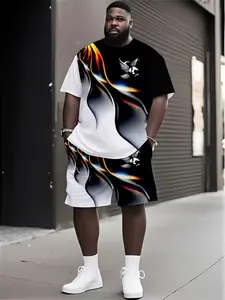 Men's Fashion Gradient 3D Print Eagle Logo Sport Round Neck Short Sleeve T-Shirt & Shorts Set, Polyester, Loose Fit