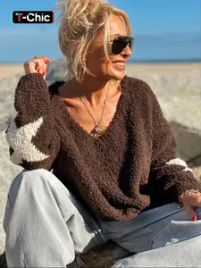 Women's Solid Color V Neck Star Knit Drop Shoulder Pullover Sweater, Fitted Long Sleeve Top for Fall & Spring, Soft Casual Knitwear