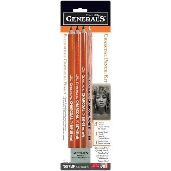 General's Charcoal Pencils, Assorted 4-Piece Set with Kneaded Eraser