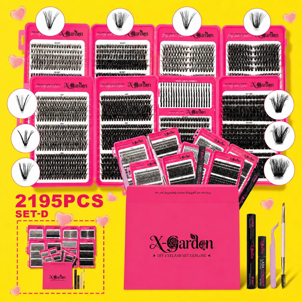 Lash Cluster Kit, 2195 PCS 10-18mm D Curl 4-Pack DIY Set with Bond & Seal Glue, Faux Mink Lightweight Wispy Eyelashes Clusters, Tweezers, Remover & Brushes for Natural, 3D Lash Styles