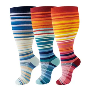 Striped/Cartoon/Solid Color Compression Stockings, 3 Pairs Knee Length Compression Socks for Women & Men, Sports Running & Hiking Socks, Breathable Compression Socks