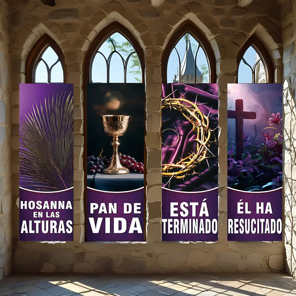 4 Pcs Religious Banners, Polyester Material Christian decorative vertical banners with passion week resurrection elements for church home indoor wall decoration