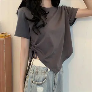 Slit Bandage V Neck Sexy Crop Top Women Korean Casual Summer New Short Sleeve T-shirt Y2K Streetwear Trendy Top for Women