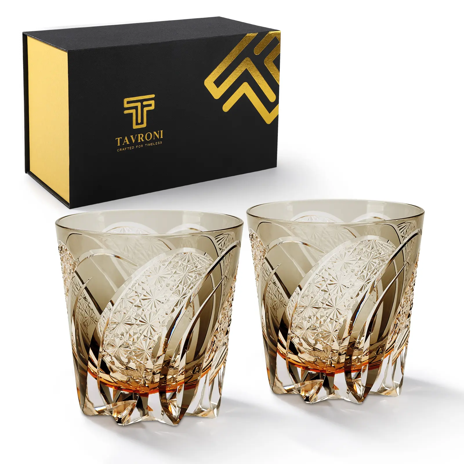 【Gift Box Set】11Oz Crystal Whiskey Glasses Set of 2 Smoky Gray Edo Kiriko Japanese Craftsmanship for Bourbon Scotch Cocktails