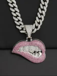 Creative Lip Shaped Pendant Necklace, Rhinestone Decor Cuban Link Chain Necklace for Party, Daily Decor, Trendy All-match & Exquisite Hip Hop Jewelry for Birthday Gift, Bling Chain, Rhinestone Decorated Bling