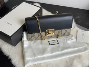 Pre-owned GUCCI Leather Small Leather Goods Supreme Padlock Wallet On Chain Black