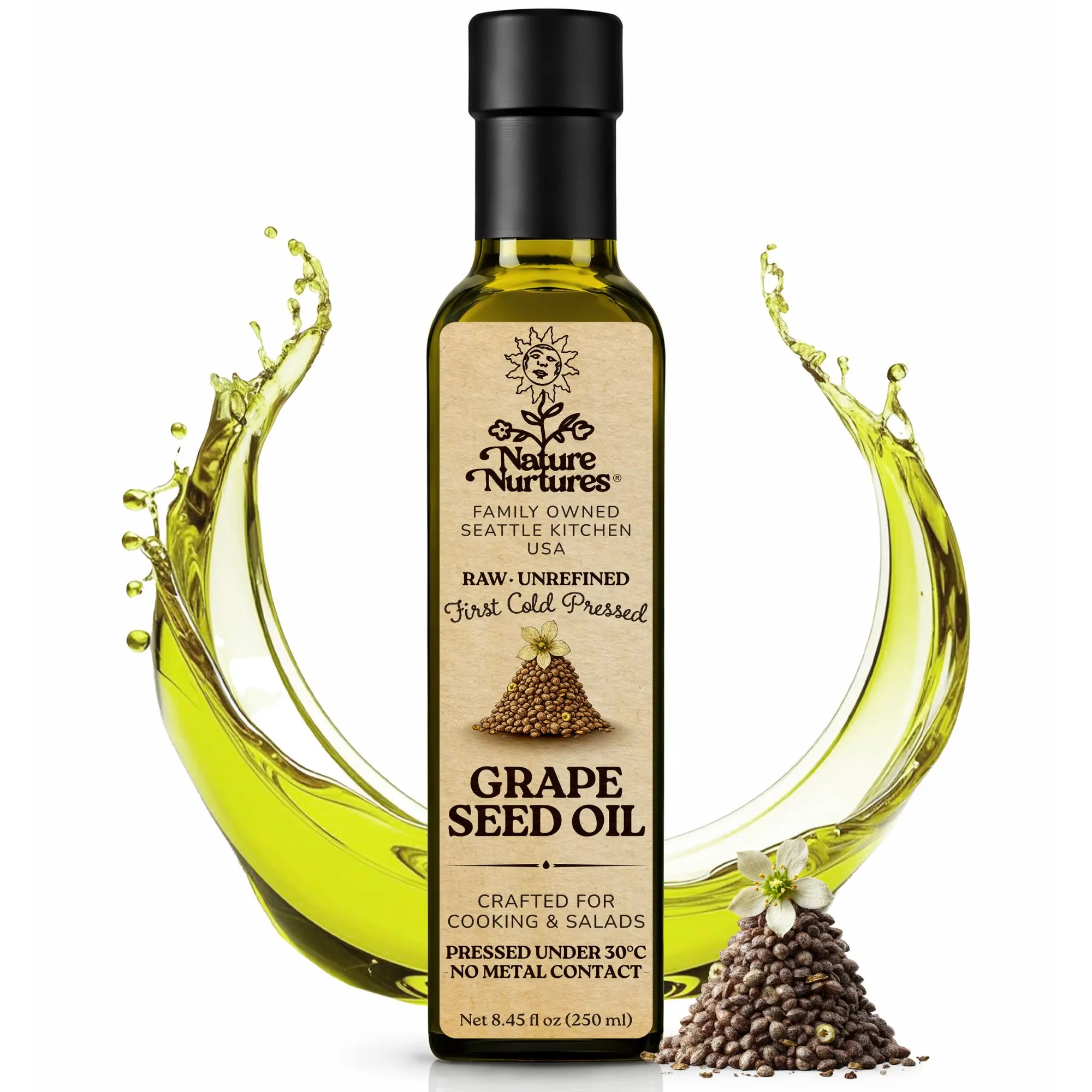 Grapeseed Oil for Cooking and Baking · Raw · Unrefined · First Cold-Pressed at Temperatures Below 30°C · Pressed Only Once · Without Metal or Wood Contact · Small Batch · Handcrafted in Seattle USA · 100% Pure & Natural · Also Loved for Skin and Hair