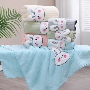 Luxury Striped Rabbit Embroidered Towel Set, Highly Absorbent Soft Quick Dry Towels, Essential Bath Towels for Home Use and Daily Showers