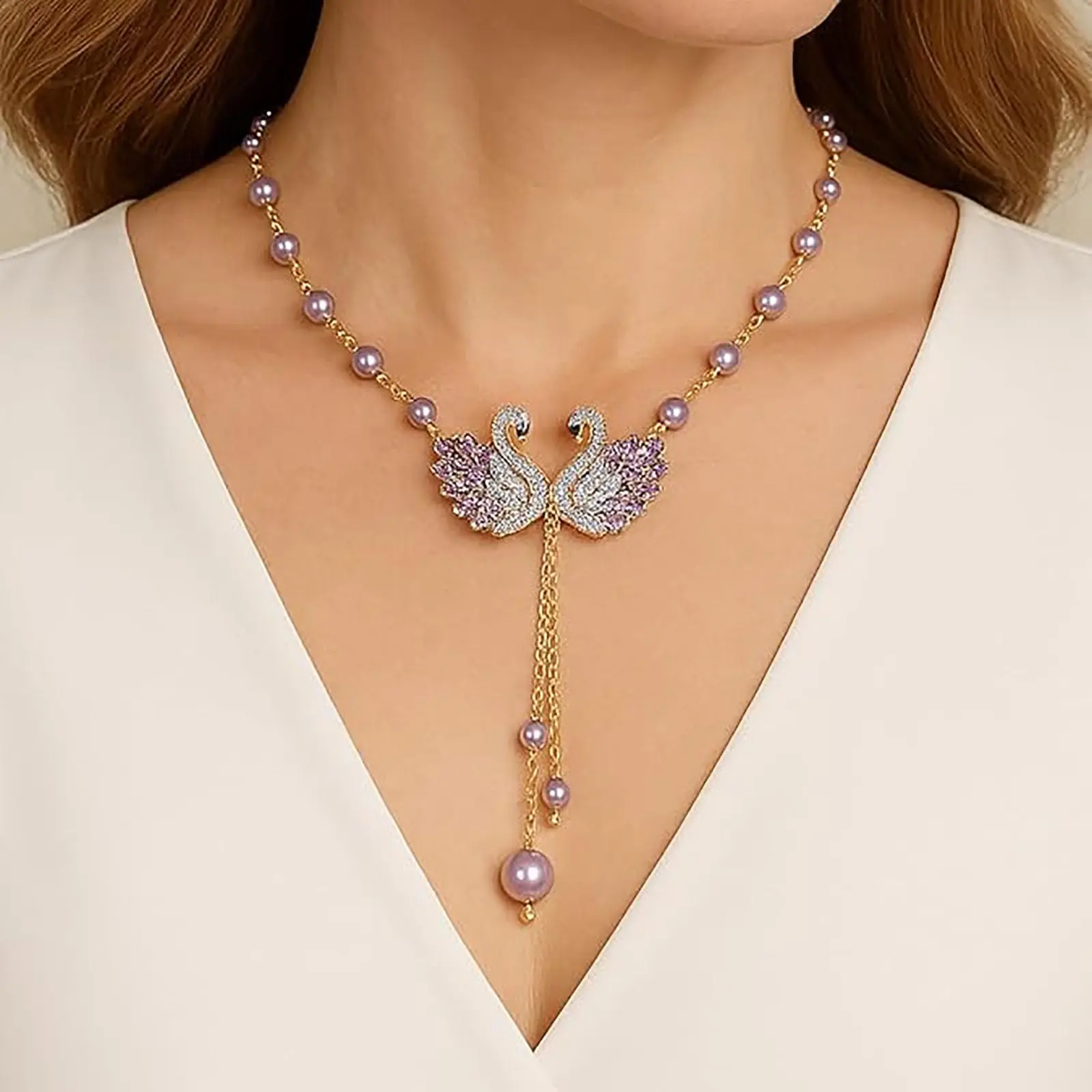 Women's Luxurious Alloy Purple Swan Necklace - Gold-tone Purple Swan Pendant with Amethyst Bead Chain & Artificial Pearl Sweater Chain, Versatile Adult Female Wear Party Gift for Autumn-Winter Festive Supplies, Animal