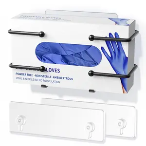 Glove Box Holder, Adhesive Wall-Mounted Metal Dispenser, Tool-Free Organizer for Rubber Latex Gloves, Facial Tissue and Storage, Black