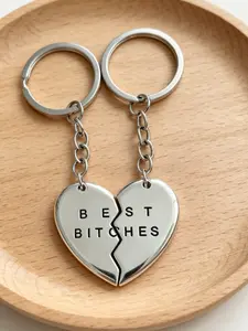 Best Friend Gift 2pcs Silver Best Bitches Split Puzzle Broken Heart Pendant Couple Keychain Set