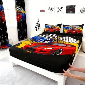 Cool Racing Car Fitted Sheet,Speed Racing Car with Black and White Grid Print Bed Sheet Set,Soft Decorative Fabric Bedding(No Flat Sheet)